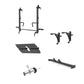 Home gym equipment set including dual cable crossover machine with vertical posts, platform base, dual pulley attachments, an