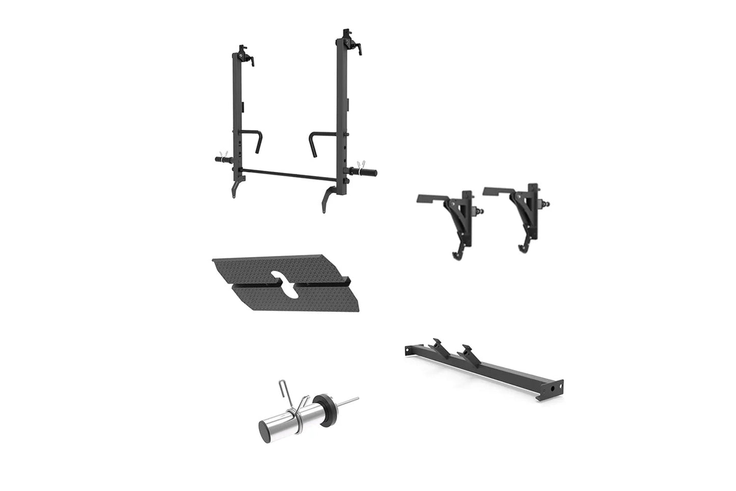 Black power rack cage system with dual vertical uprights, horizontal crossbar, cable pulley attachors, footplate, leg press a