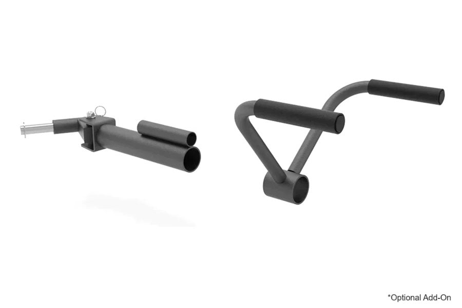 Two black metal cable pulley attachments for home gym equipment on white background, including straight bar handle and V-shap