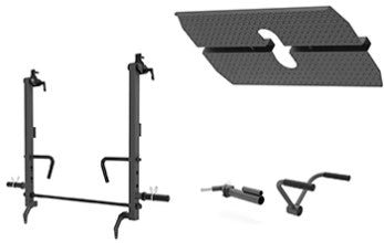 Warrior 801 Pro power rack cage with functional trainer, cable pulley system, and smith machine components shown in flat lay