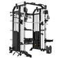 Black and silver dual-station functional trainer with cable crossover, adjustable arms, and integrated Smith machine on white