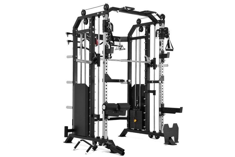 Black and silver functional trainer power rack with dual cable pulleys, smith machine, and attachments on white background