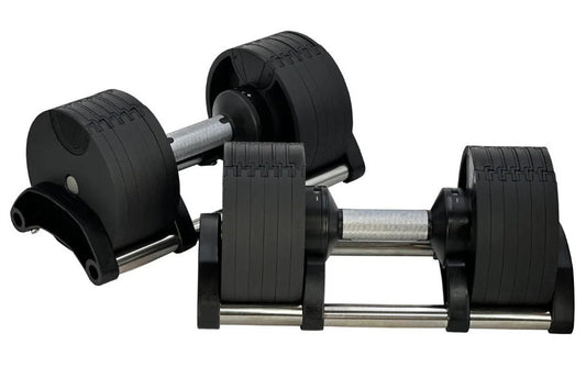 Pair of black adjustable dumbbells with metal handles and weight plates, shown in flat lay on white background