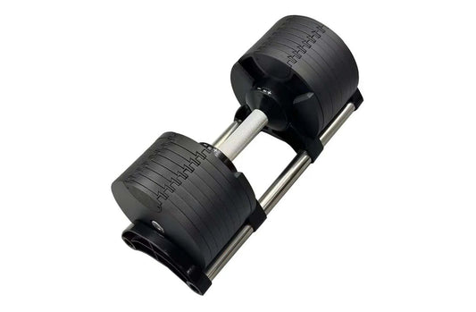 Warrior Newbells 50lb adjustable dumbbells with black rubber heads, gray metal handles, and weight selector dial on white bac