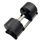 Warrior Newbells 50lb adjustable dumbbells with black rubber heads, gray metal handles, and weight selector dial on white bac