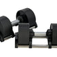 Pair of black adjustable dumbbells with metal handles and grip plates on white background