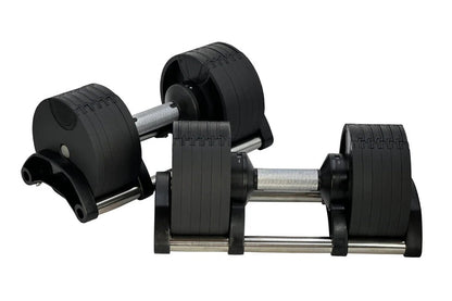 Pair of black adjustable dumbbells with metal handles and grip plates on white background