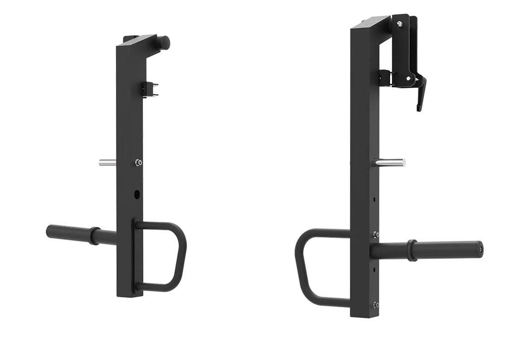 Black all-in-one power rack with cable pulley system, smith machine bar, and counter-balanced mechanism shown from front and 