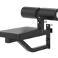 Black weight bench with leg extension attachment and dual cylindrical cable pulleys mounted on top