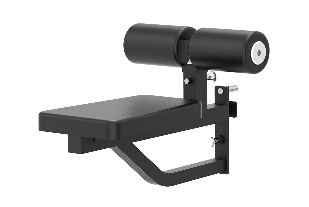 Black weight bench with leg extension attachment and dual cylindrical cable pulleys mounted on top