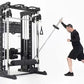 Black and white metal all-in-one power rack home gym with cable pulleys, shown with man in black workout clothes performing e