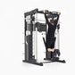 Black and white multi-function power rack with cable pulley system and Smith machine, model shown with person performing exer