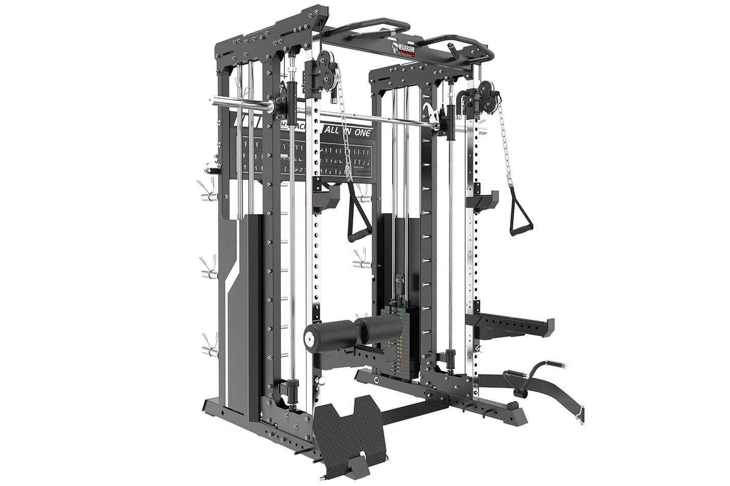 Warrior 901 all-in-one power rack with dual cable pulleys, smith machine, and counter-balanced system on white background
