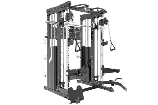 Warrior 901 all-in-one power rack with dual cable pulleys, smith machine, and counter-balanced system on white background