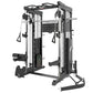 Warrior 901 black and silver all-in-one power rack with integrated Smith machine, cable pulleys, and weight stack on white ba