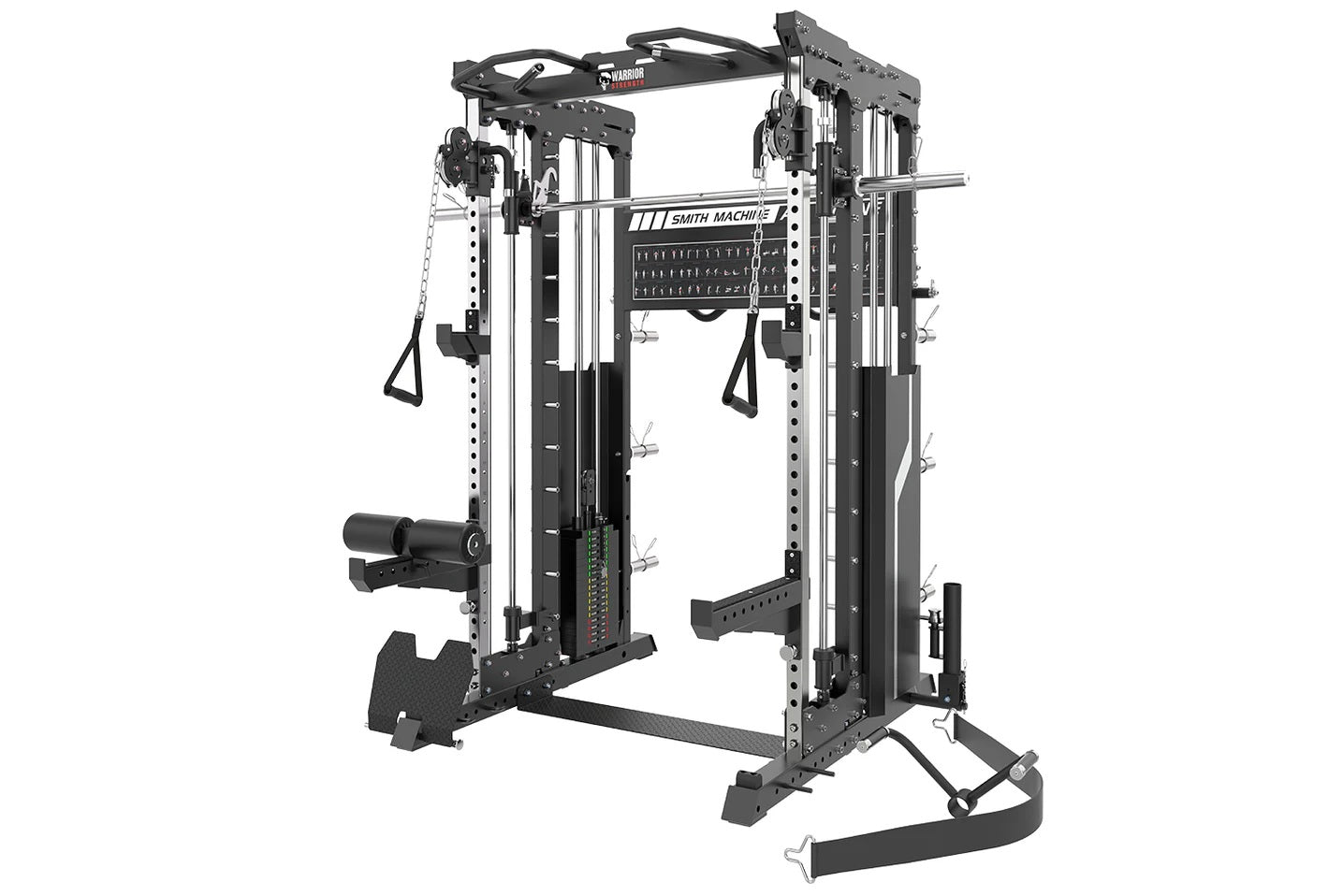 Warrior 901 black and silver all-in-one power rack with integrated Smith machine, cable pulleys, and weight stack on white ba