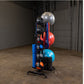 Warrior multi-accessory storage rack with blue post holding resistance balls, foam roller, and medicine balls in various colo