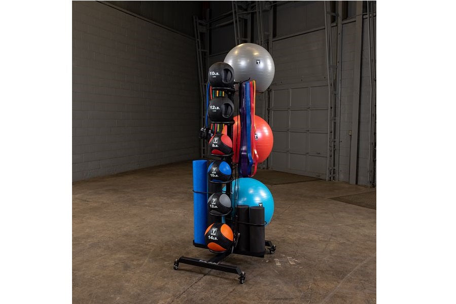 Warrior multi-accessory storage rack with blue post holding resistance balls, foam roller, and medicine balls in various colo