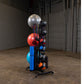 Warrior multi-accessory storage rack holding stability balls, medicine balls, resistance bands, and dumbbells, displayed in g