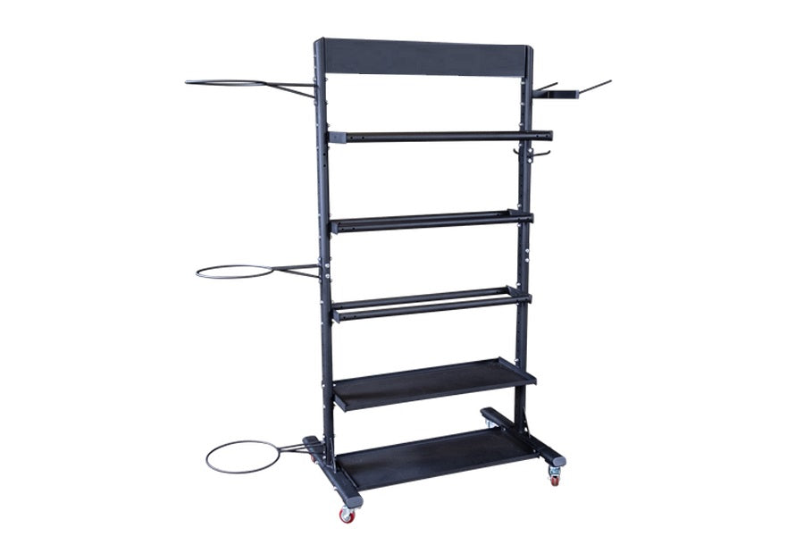 Warrior Multi-Purpose Accessory Storage Rack with black metal frame, multiple shelves and hanging loops, on white background