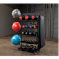 Black multi-purpose storage rack with exercise balls, medicine balls, dumbbells, and kettlebells organized on shelves in gym 
