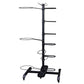 Black metal multi-tier accessory storage rack with vertical pole, horizontal arms, and wheeled base on white background