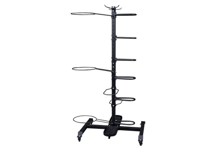 Black metal multi-tier accessory storage rack with vertical pole, horizontal arms, and wheeled base on white background