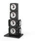 Warrior D22.5 adjustable dumbbells stacked tower configuration with black frames and silver dials, on black base