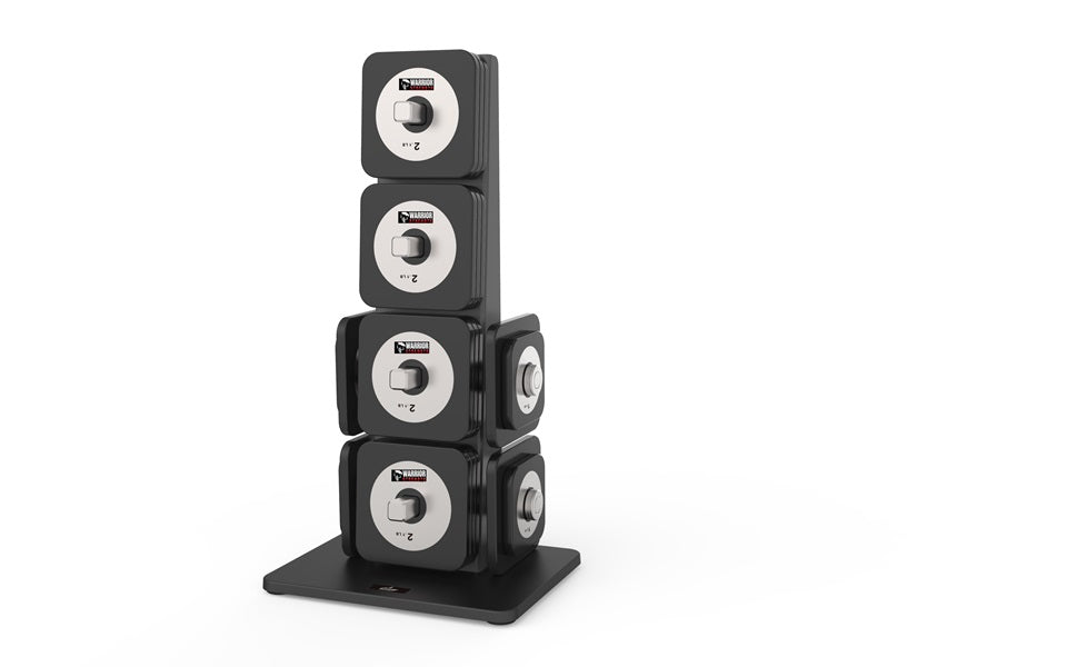 Warrior D22.5 adjustable dumbbells stacked tower configuration with black frames and silver dials, on black base