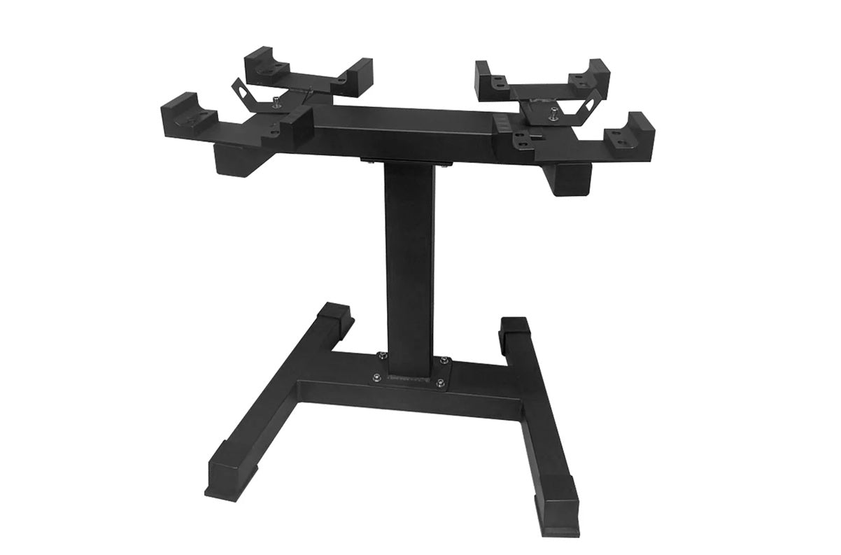 Black metal dumbbell stand with adjustable arm clamps and wide base, on white background