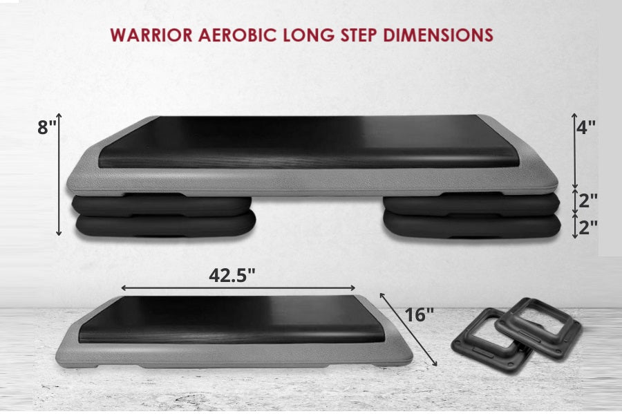 Warrior Aerobic Long Step with gray platform and black surface, 42.5 inches wide, 16 inches deep, 8 inches high, shown with d