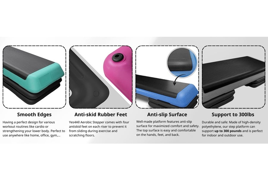 Warrior Aerobic Long Step platform showing smooth edges, anti-skid rubber feet, anti-slip surface, and durable black construc