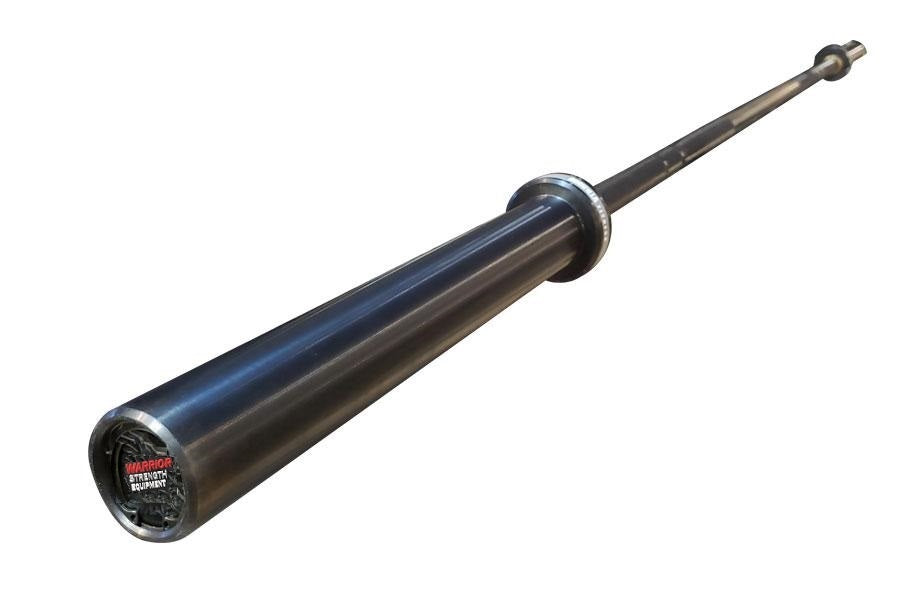 Black Cerakote Olympic barbell with 8 bearings, chrome collars, and knurled shaft on white background