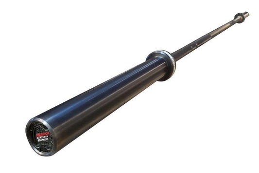 Black Cerakote Olympic barbell with 8 bearings, chrome collars, and knurled shaft on white background