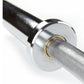 Warrior Chrome Powerlifting Bar with black sleeve and polished chrome center collar on white background