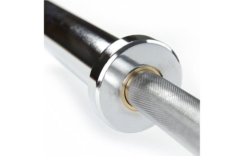 Warrior Chrome Powerlifting Bar with black sleeve and polished chrome center collar on white background