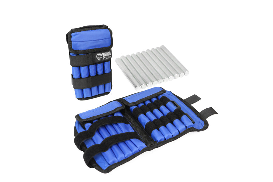 Warrior blue and black adjustable ankle weights with removable sand-filled pods, shown with storage pouch and metal weight ba