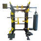 Warrior Big Boss functional trainer Smith machine with yellow and black frame, multiple pulley attachments, heavy bag, target