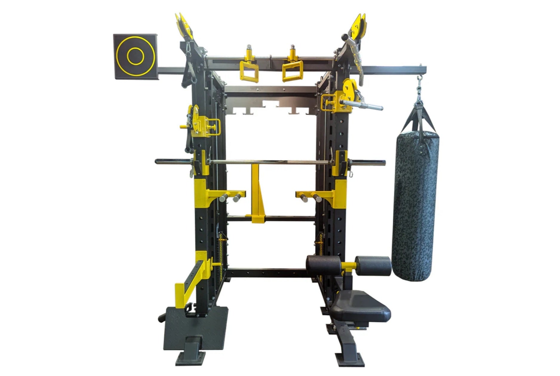 Warrior Big Boss functional trainer Smith machine with yellow and black frame, multiple pulley attachments, heavy bag, target