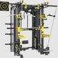 Black and yellow multi-functional trainer with Smith machine, cable pulleys, barbell stations, and leg press attachment on wh