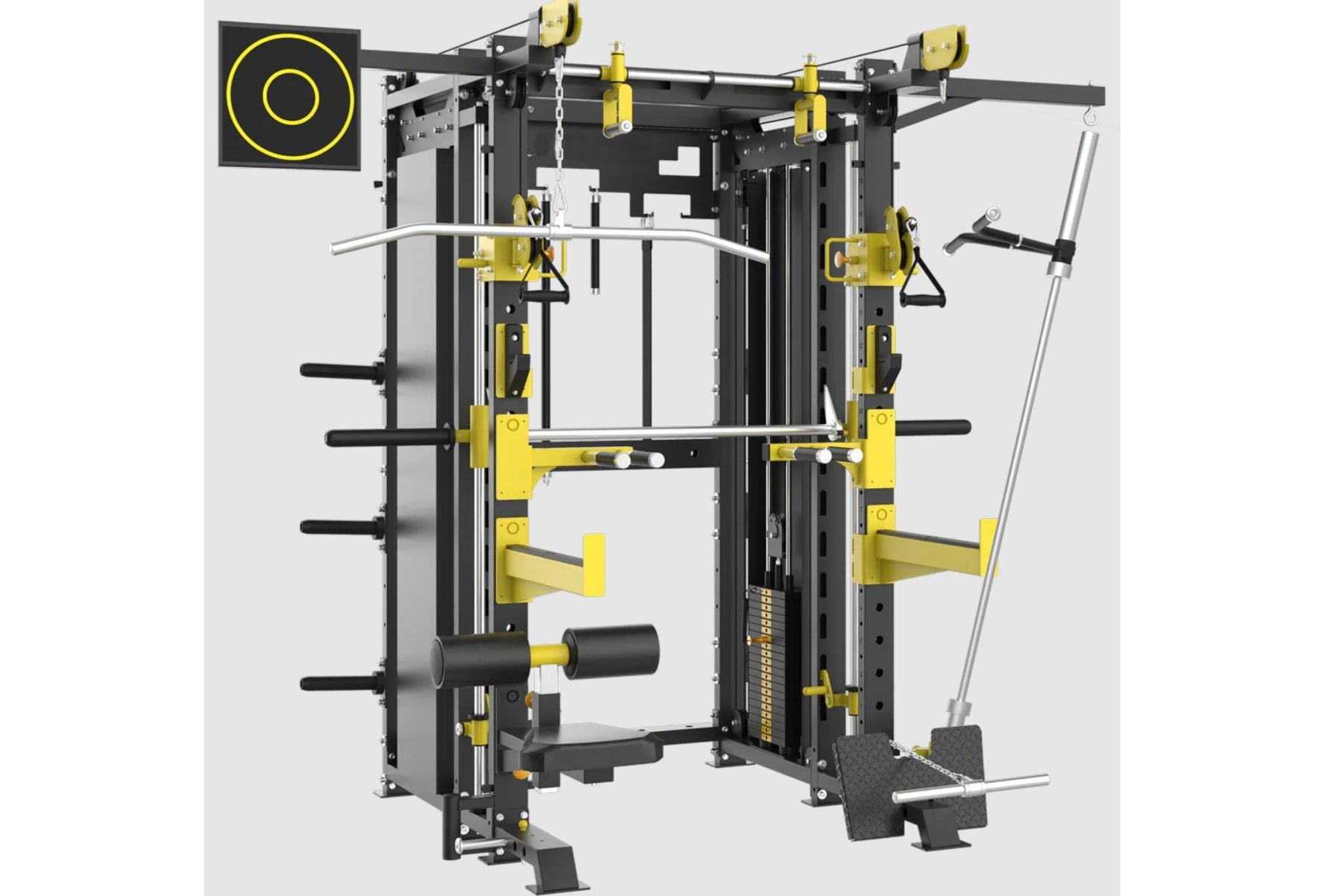 Black and yellow multi-functional trainer with Smith machine, cable pulleys, barbell stations, and leg press attachment on wh