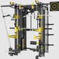 Black and yellow multi-functional trainer with Smith machine, cable pulley system, weight storage pegs, and digital display o