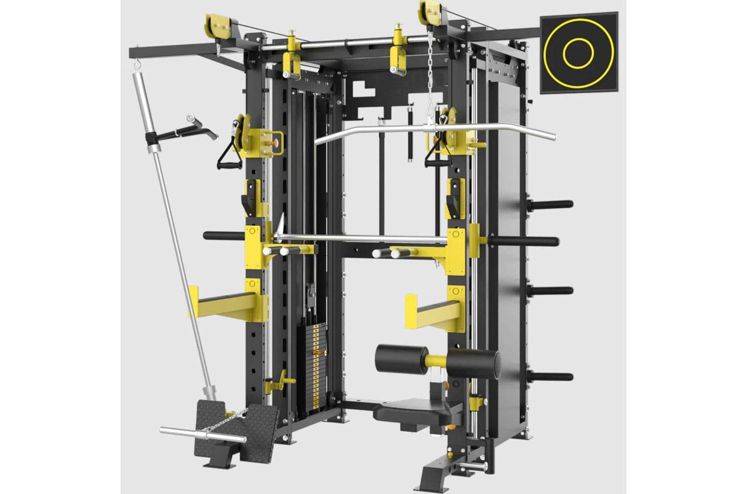 Black and yellow multi-functional trainer with Smith machine, cable pulley system, weight storage pegs, and digital display o