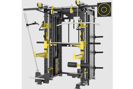 Black and yellow multi-functional trainer with Smith machine, cable pulley system, weight storage pegs, and digital display o