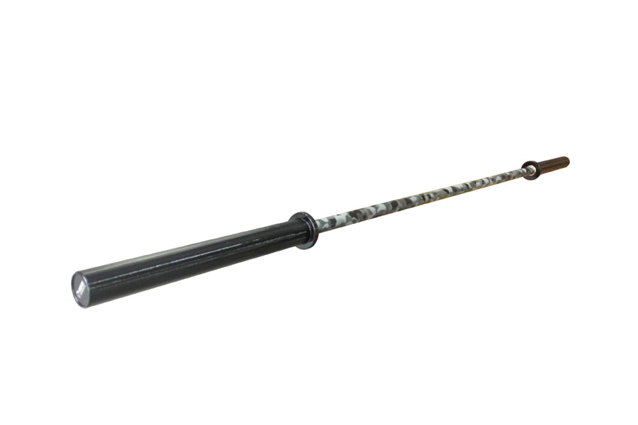 Warrior Cerakote Powerlifting Bar with black sleeve and camouflage-patterned shaft on white background