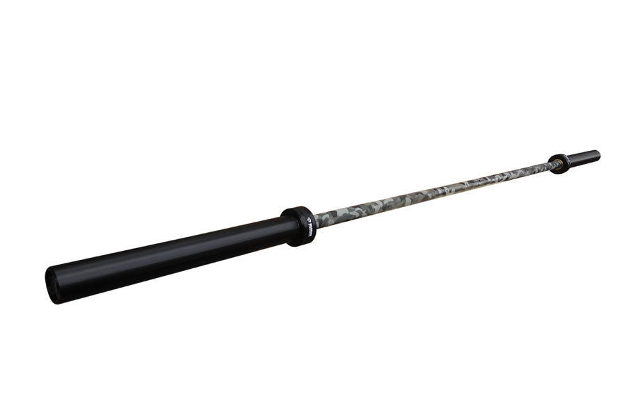 Warrior 6-bearing barbell with black sleeve, gray camouflage-patterned shaft, and black collar on white background
