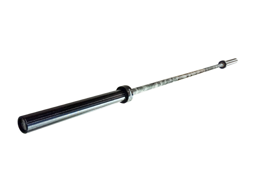 Warrior 6-bearing cerakote barbell with black and gray camo finish on white background