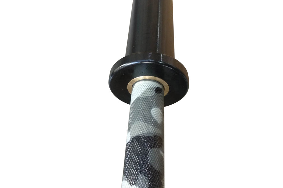 Warrior Cerakote Powerlifting Bar with black and white camo grip sleeve and black collar on white background