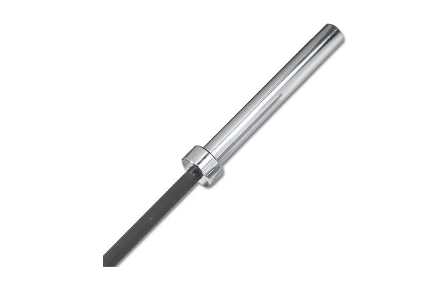 Warrior black zinc and chrome Olympic barbell with cylindrical chrome sleeve and black knurled grip on white background