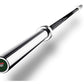 Warrior black zinc and chrome Olympic barbell with knurled black grip handle and green circular collar plate on white backgro